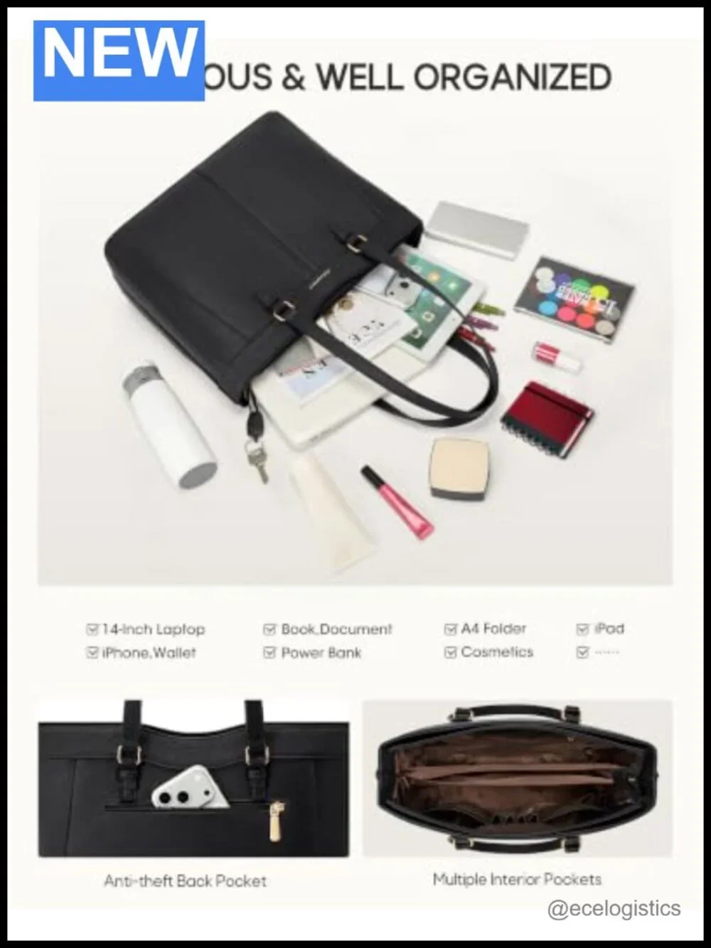 Large Waterproof PU Leather Work Tote Bag for Women, Shoulder Bag with Pockets